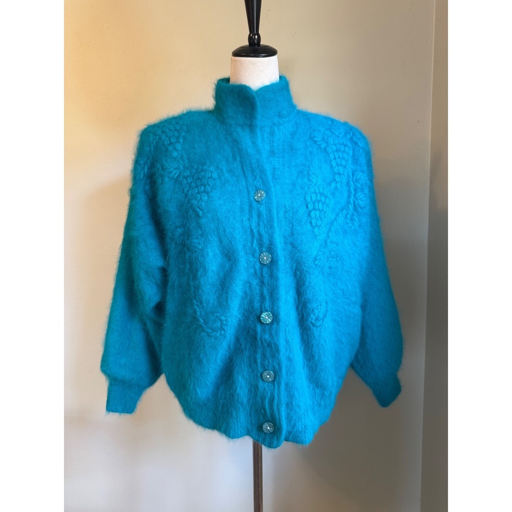 Vintage Turquoise Angora Blend Fuzzy Knit Cardigan Sweater jacket boho whimsi r